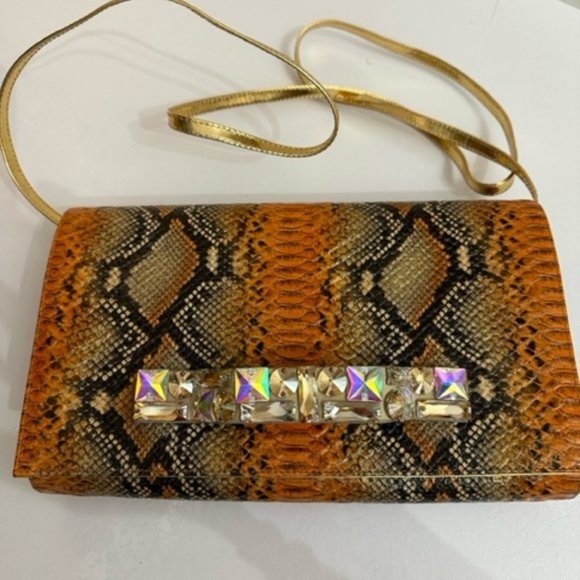 LORI BLUE VINYL CLUTCH BAG  RHINESTONED HANDLE SILK LINING - Picture 5 of 9